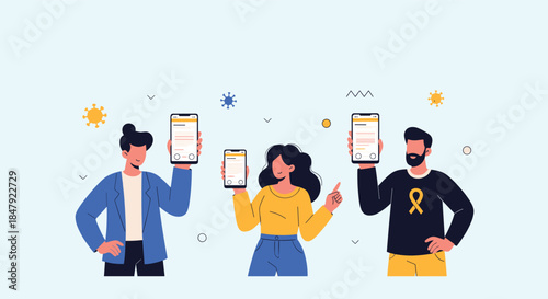 Diverse group of people holding up smartphones to display information or apps during a global health awareness campaign.