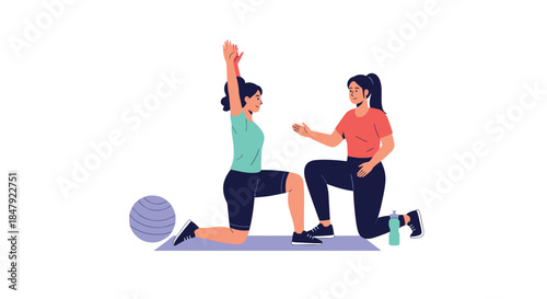 Personal trainer guiding a woman through a kneeling hip flexor stretch with arms raised for better flexibility and posture.