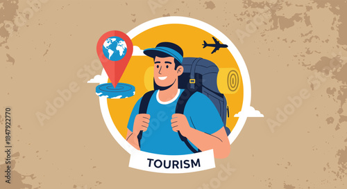 Smiling young male traveler with a large backpack ready for an adventure, with travel and tourism-related icons.