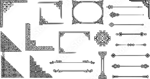 Traditional asian decorations. Korean frame borders, corners and dividers. Geometric stamp ornament, oriental line vector set