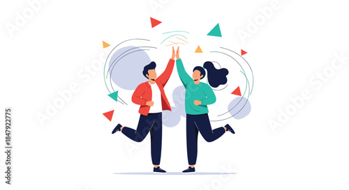 Excited man and woman jumping and giving a high five to celebrate success, teamwork, and achievement together happily.