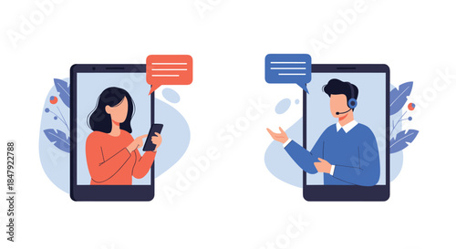 Customer service concept showing a female client and a male call center agent communicating through their smartphones.