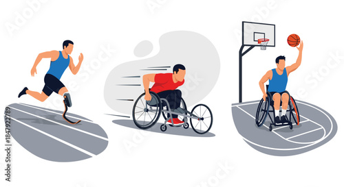 Set of illustrations showing male athletes with disabilities participating in running, wheelchair racing, and basketball.