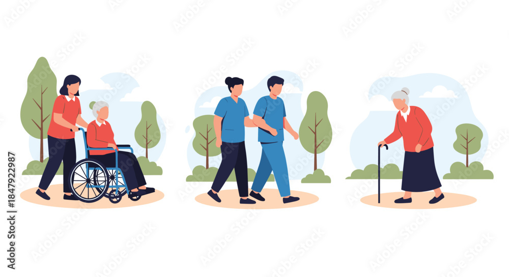 Fototapeta premium Set of illustrations showing caregivers and nurses assisting elderly people with walking and in a wheelchair at a park.