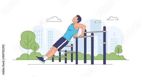 Athletic man doing tricep dips on parallel bars at an outdoor gym in a city park as part of his workout routine.