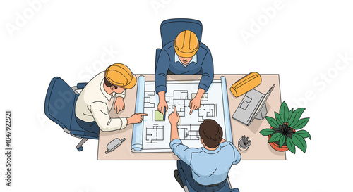 Top-down view of three architects or engineers in hard hats collaborating over a building blueprint at a meeting table.