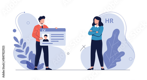 Male job candidate holding his CV and presenting it to a female HR manager for a job interview and recruitment process.