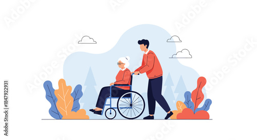 Young man pushing an elderly woman in a wheelchair through a park, illustrating caregiving and support for seniors.
