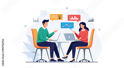 Male and female colleagues sitting at a table with laptops, having a business discussion with data and idea icons.