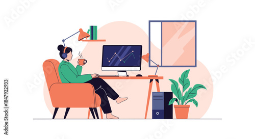 Woman with headphones working from her comfortable home office, analyzing data on a computer screen while drinking coffee.