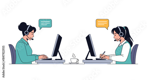 Two female call center operators with headsets working on their computers, providing customer service and support online.