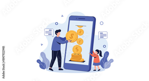 Father and daughter putting large gold coins into a giant smartphone, teaching about digital savings and online banking.