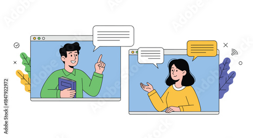Man and woman having an online video call for e-learning or a virtual meeting, communicating through computer screens.
