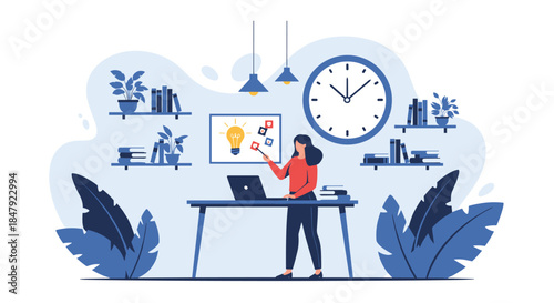 Businesswoman working at her desk in a modern office, presenting an idea with a lightbulb on a board, managing her time.