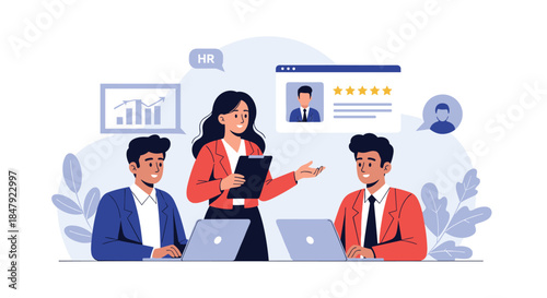 Female HR manager presenting a top-rated job candidate's profile to her team during a recruitment meeting in the office.