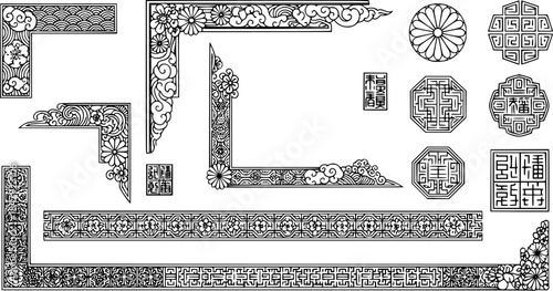 Traditional asian decorations. Korean frame borders, corners and dividers. Geometric stamp ornament, oriental line vector set