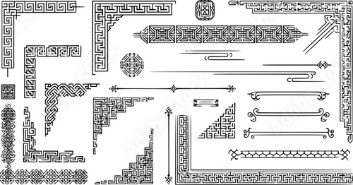 Traditional asian decorations. Korean frame borders, corners and dividers. Geometric stamp ornament, oriental line vector set