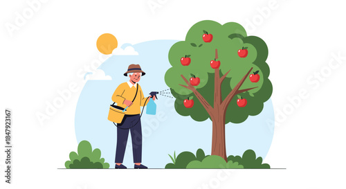 Senior man in a hat spraying an apple tree in his garden, taking care of his plants and enjoying a gardening hobby.