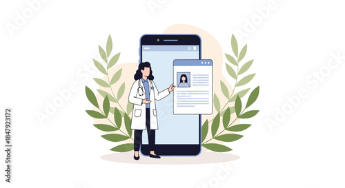 Female doctor standing next to a large smartphone and presenting a patient's online medical record or health profile.