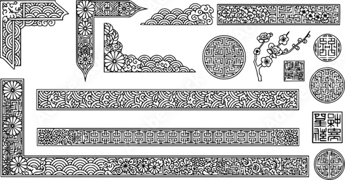 Traditional asian decorations. Korean frame borders, corners and dividers. Geometric stamp ornament, oriental line vector set