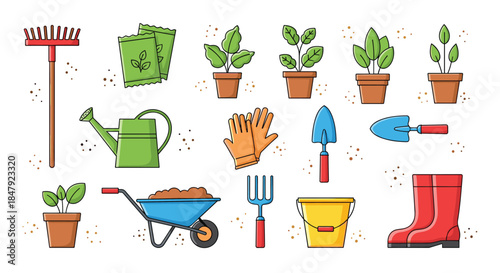 Comprehensive set of colorful cartoon gardening tools and equipment, including a rake, watering can, gloves, and potted plants.