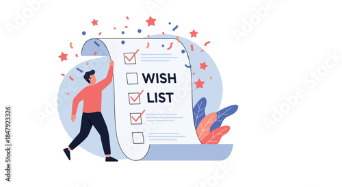 Flat design illustration of a man checking off items on a giant wish list, surrounded by celebratory confetti and stars.