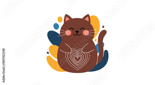 Cute brown cat character with a heart design on its belly, sitting happily against a colorful abstract background of shapes.