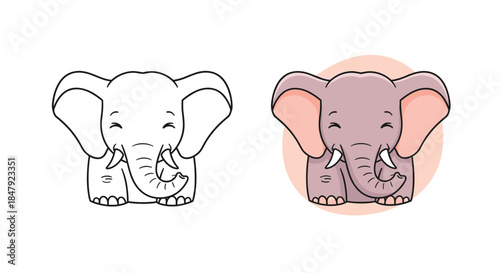 Adorable baby elephant with closed eyes, presented as a simple line art coloring page and a fully colored cartoon illustration.