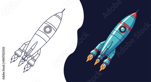 Cartoon rocket ship blasting off, presented as a black and white coloring outline and a colorful version against a dark space background.