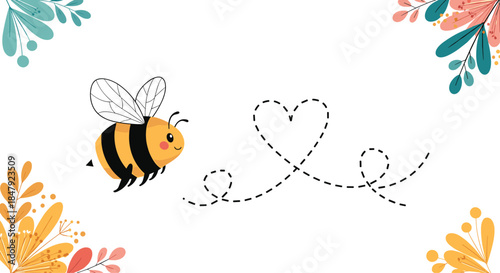 Cute cartoon bee flying in a heart-shaped path, framed by colorful floral corners, perfect for a sweet and lovely message.