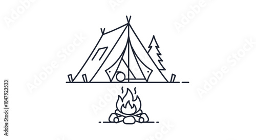Simple line art logo or icon depicting a campsite with a tent and a bonfire, representing outdoor adventure and wilderness exploration.