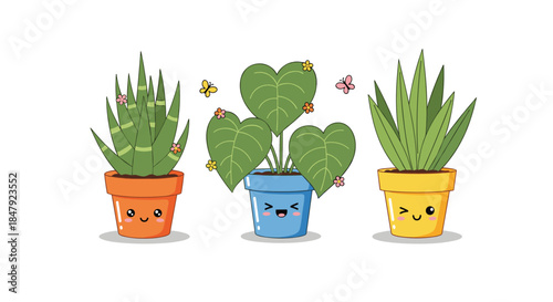 Set of three adorable kawaii-style potted succulent and houseplant characters with cute smiling faces, surrounded by tiny butterflies.