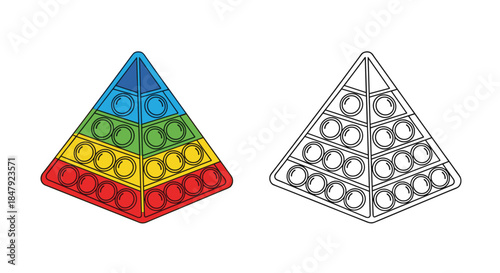 Pop It fidget toy in a pyramid shape with rainbow colors, shown as a full-color illustration and a black line art outline.