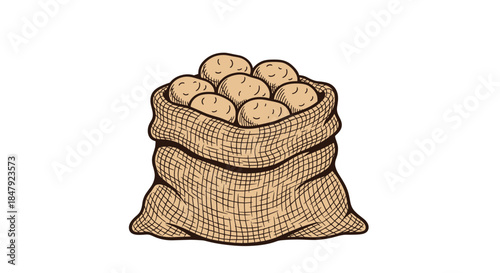 Vintage-style hand-drawn illustration of a burlap sack filled to the brim with fresh, whole potatoes, isolated on white background.