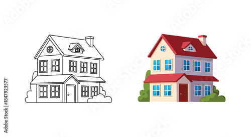 A two-story suburban house with a red roof, shown as a simple black and white outline for coloring and a detailed color version.