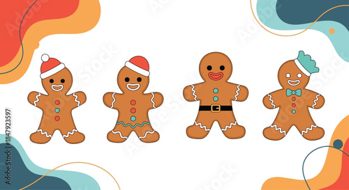 Four charming gingerbread men cookies decorated with festive icing and Santa hats standing in a row on a colorful abstract background.