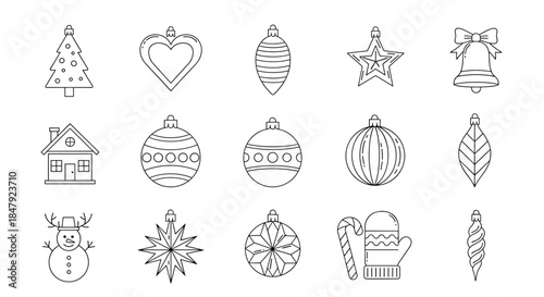 Collection of fifteen classic Christmas and holiday-themed ornaments in a clean and simple black and white line art style.