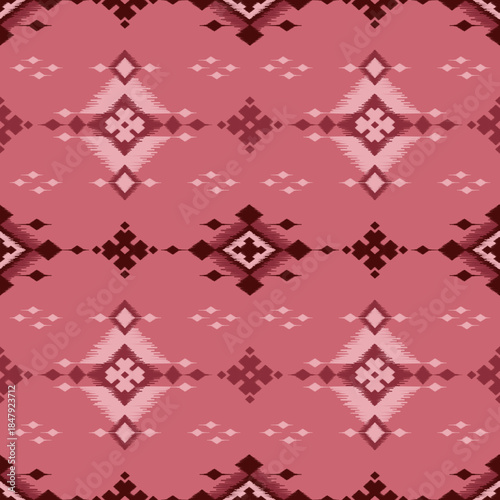 Ethnic ikat pink and brown dye yarns weaving seamless pattern. Vector hand drawn craftsmanship embroidery bohemian, abstract square geographic art fabric ikat textile material design for clothing 