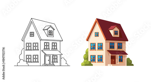 Charming two-story house with an attic window, shown in a detailed black and white outline for coloring and a full-color version.