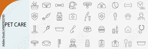 pet care and grooming icons, minimal line vector symbol set