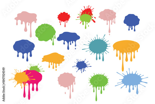: A set of colorful paint splatters and dripping ink stains on white background