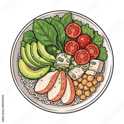 Healthy Buddha Bowl Illustration with Avocado, Chickpeas, Chicken and Fresh Vegetables, Balanced Meal in Soft Color Line Art