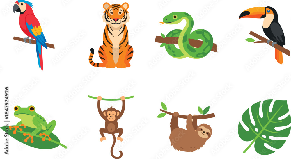 Fototapeta premium Cartoon Animals and Leaf Illustrations Set