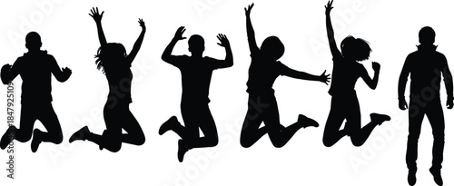 Energetic silhouettes of people jumping and posing, highlighting dynamic movement, joyful action, active lifestyle, and expressive motion in a modern vector illustration
