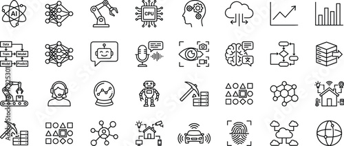 AI, machine, learning, icons, vector, robotics, neural, data, cloud, analytics, prediction, automation, computing, smart, technology