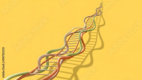 Colorful D N A double helix structure on yellow background