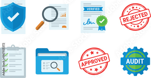 Security and document review flat icons set