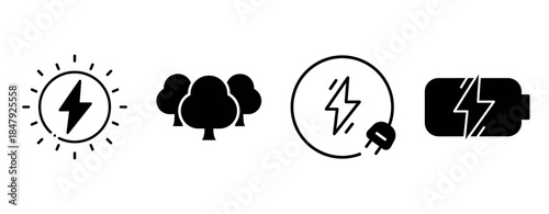 Set of energy and nature icons: lightning bolt, trees, plug, battery