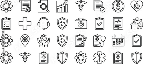 healthcare, medical, hospital, insurance, service, support, document, icon, vector, outline, chart, gear, tablet, checklist, consultation