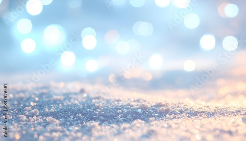Shimmering Snowy Landscape with Bokeh Lights.